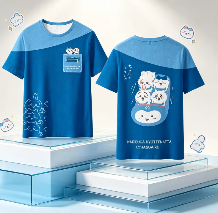 Chiikawa ist überall hier! Weiche, niedliche Cartoon-3D-Print-T-Shirts für Erwachsene Paare, Sportliche Freizeitkleidung, atmungsaktiv, kurze Ärmel, Familien-Matching – Detail 4
