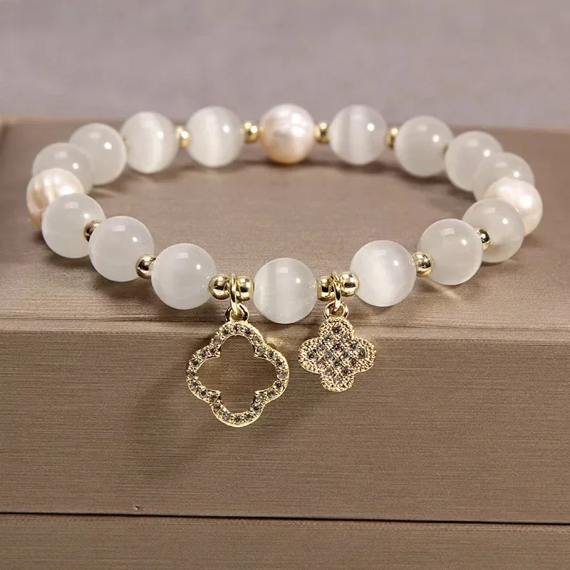 Women's Lucky Four-Leaf Flower Crystal Bracelet Elastic Rope Pearl Transfer Bead Hand Chain Jewelry Bangles Gift