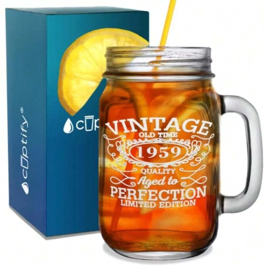

67th Birthday Gift For Men Vintage Old Time 67 Aged To Perfection 1959 Etched Mason Jar Glass 16 Oz Drinking Glasses With Handl