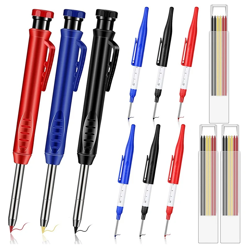 

HOT SALE 9 Pcs 3 Color Solid Carpenter Pencil 18 Refills Long Nosed Deep Hole Mechanical Pencil Marker Sketching