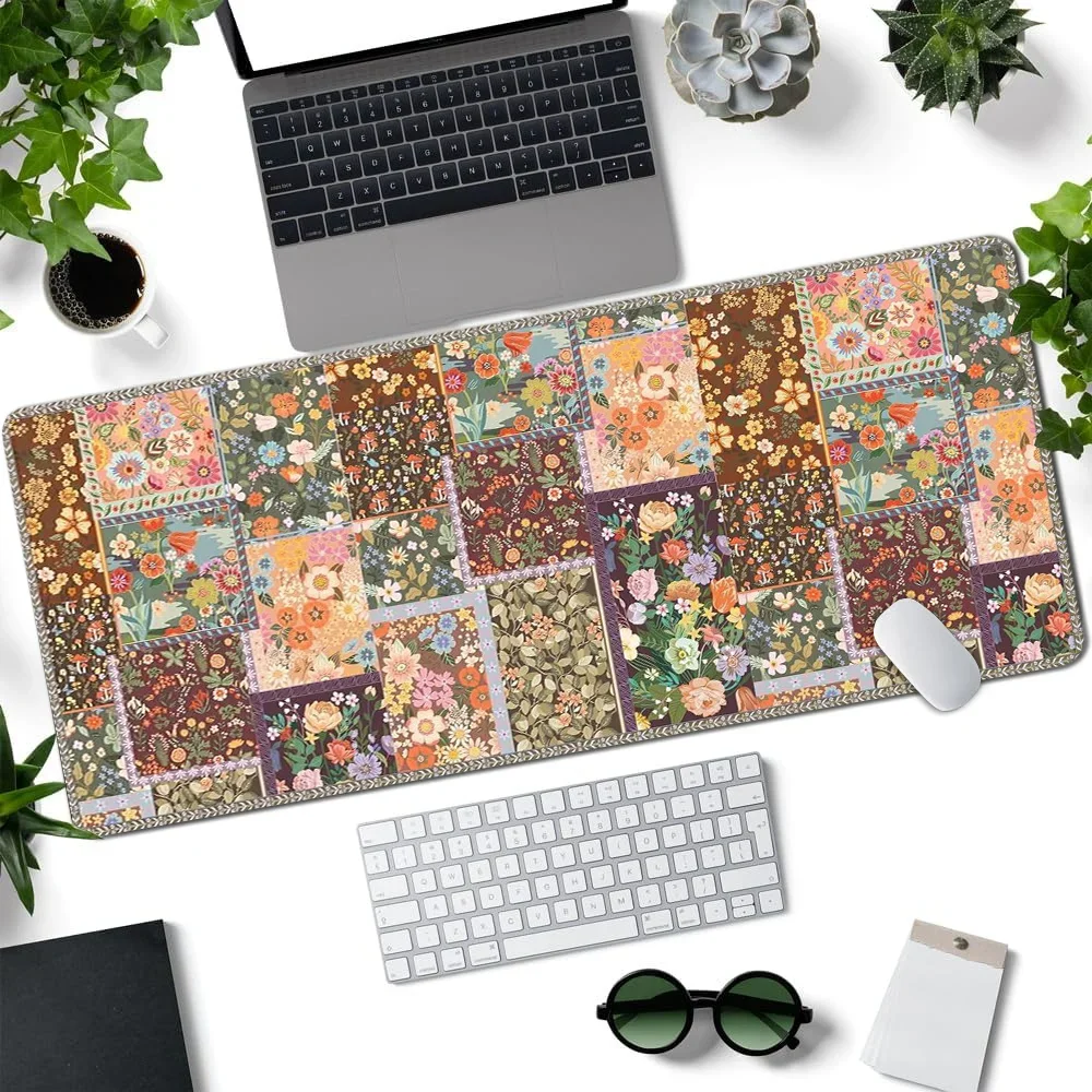 Vintage Flower Mouse Pad Aesthetic Desk Accessories Desk Pad Rubber Base with Stitched Edge Mousepad Non-Slip Deskpad for Office