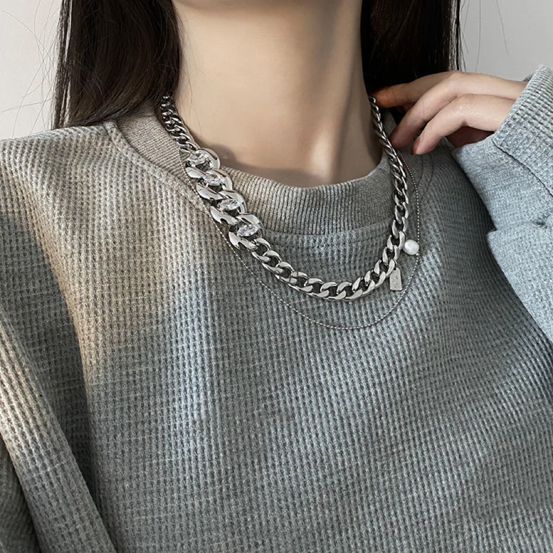 ダイヤモンドセット スプライシング スターリング シルバー キューバ ネックレス レディース ライト ラグジュアリー ニッチ ハイエンド 二層鎖骨チェーン