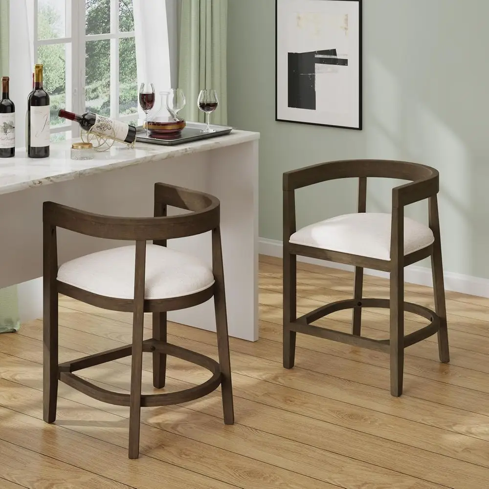 

25.25 Rubberwood Counter Stool Set of 2, Upholstered Beige Seat, Curved Back, Open Design, Walnut