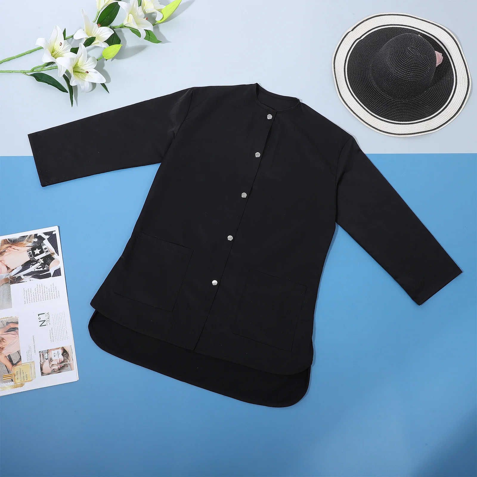 ชุดยูนิฟอร์มแขนยาวสำหรับทำงาน ผ้าโพลีเอสเตอร์คุณภาพสูง สำหรับร้านกาแฟ ร้านเสริมสวย เนื้อผ้าเบา แห้งเร็ว สำหรับผู้หญิง