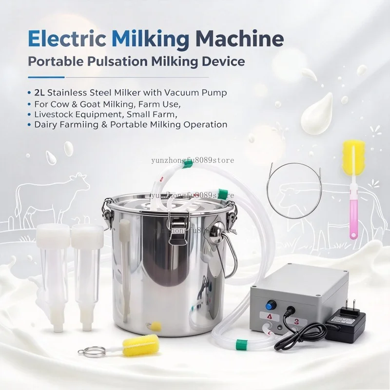 Milking Machine, Portable Pulsation Milking Device, 2L Stainless Steel Milker with Vacuum Pump for Cow & Goat Milking