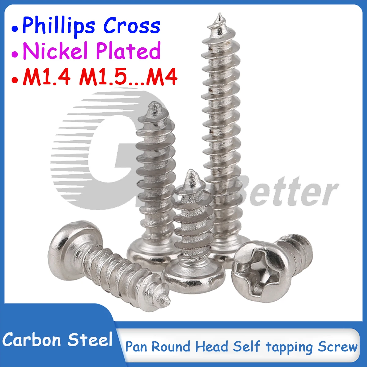 Nickel Plated Phillips Pan Round Head Self tapping Screw Carbon Steel Cross Wood Screw M1.4 M1.5 M1.7 M1.8 M2 M2.3 M2.6 to M4