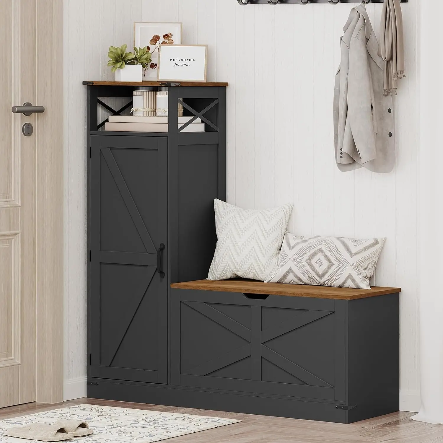 L-Shaped Shoe Cabinet Bench with Adjustable Shelves for Entryway Living Room Stairwell, Black & Walnut, Customized