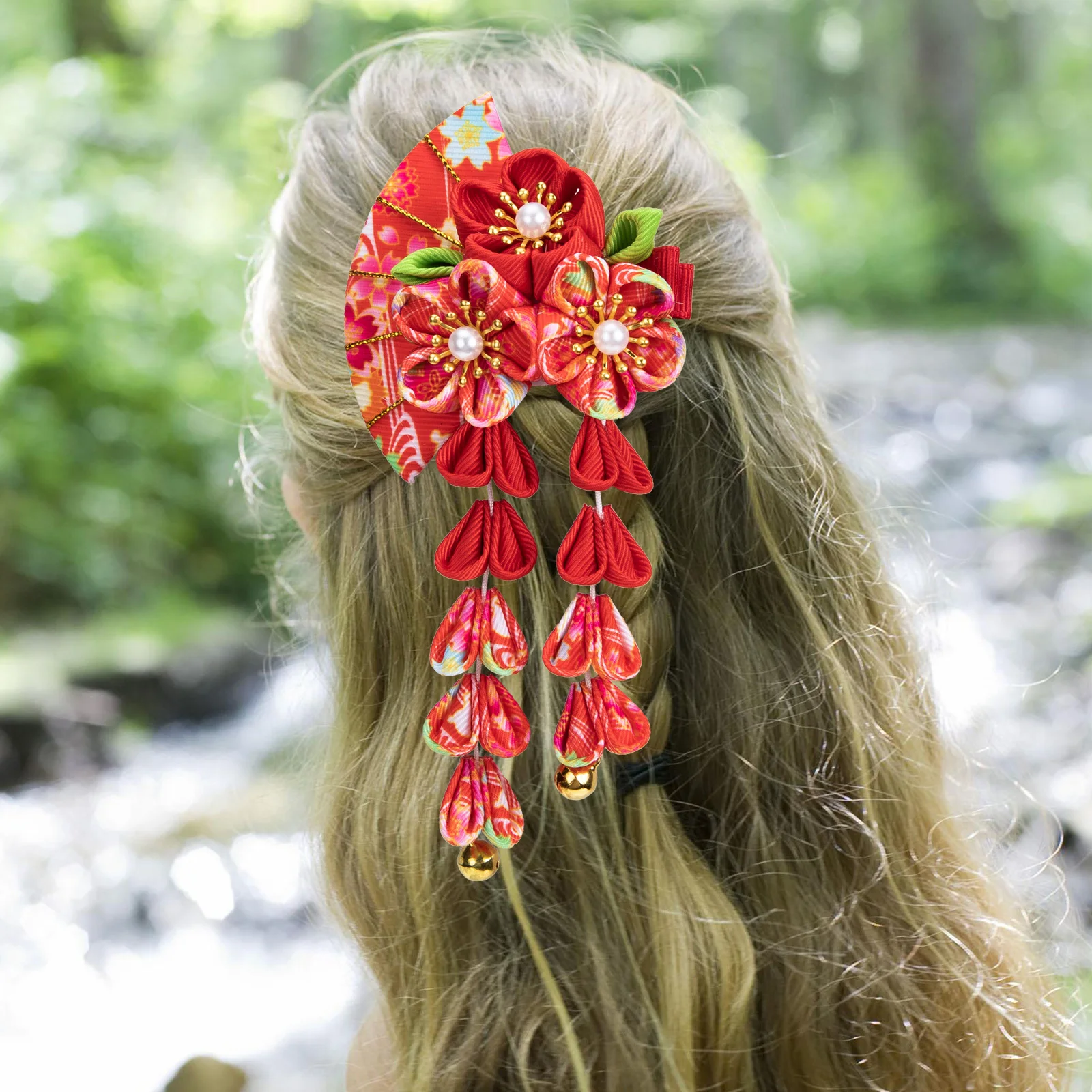 

Japanese-Style Fans Shape Hairpin Durable Lightweight Alloy Cloth Hair Accessory for Wedding Party Dance Engagement Long Tassel