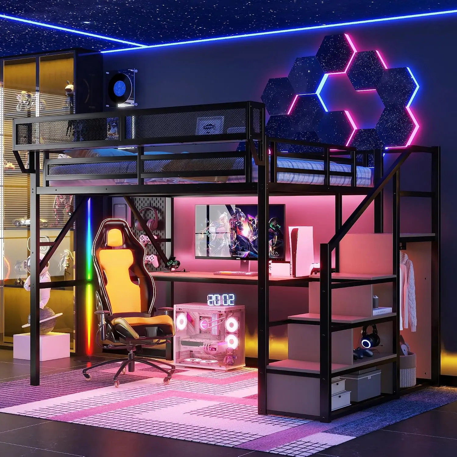 Queen Loft Bed Desk & RGB LED,Stairs Charging Station,Storage Shelves Wardrobe,Metal Frame Kids Room,Black,Customized