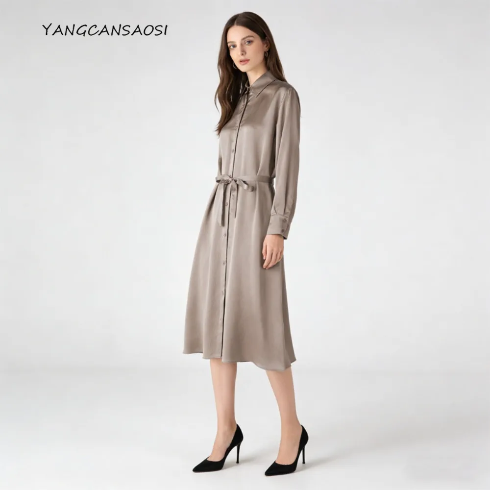 

Текстурированная юбка-рубашка из 93% натурального шелка тутового шелкопряда с эластичным атласом, модное женское платье цвета хаки-серый с отложным воротником, новинка весны 2026