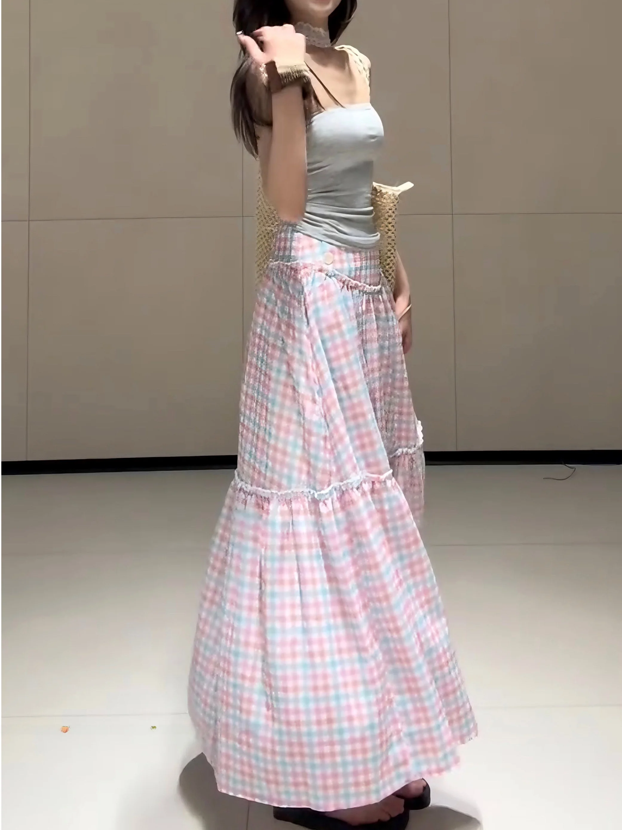 Karierter Maxirock mit hoher Taille für Damen, Frühling und Herbst, Vintage-Stil, schmaler A-Linien-Rock, lange F-Körperröcke, Röcke mit weitem Bein