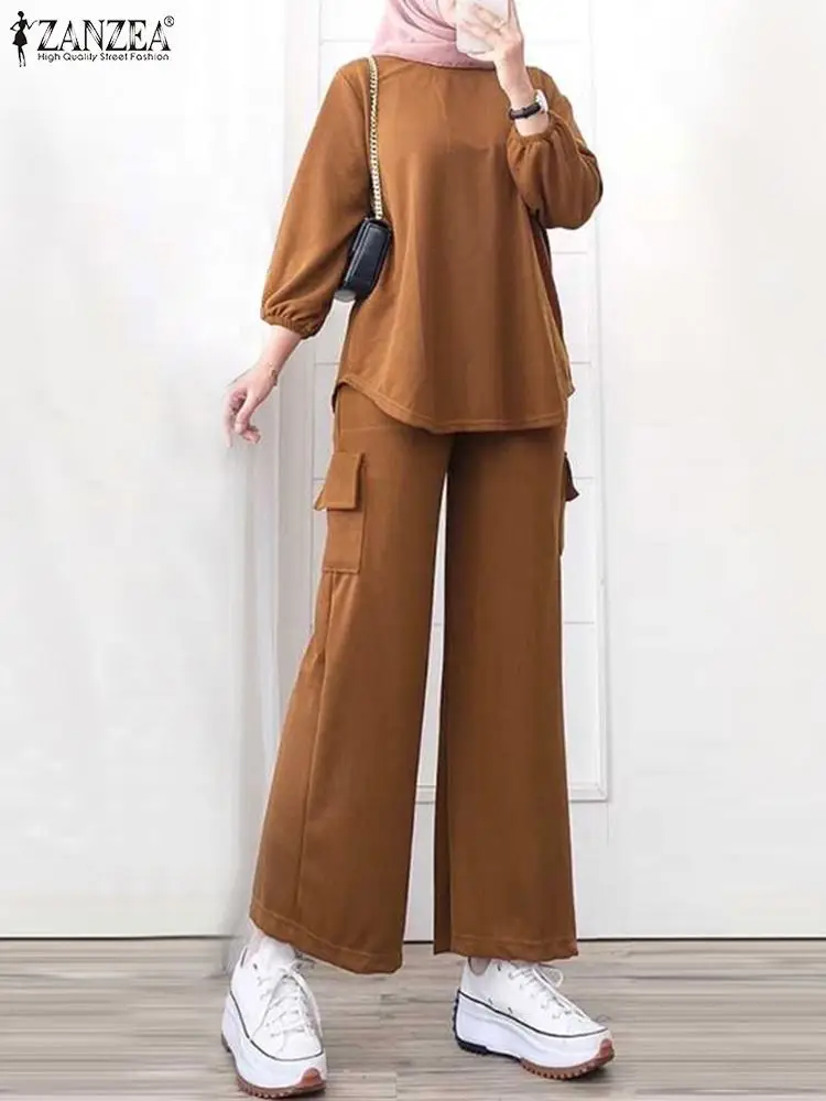 ZANZEA Muslim Fashion Stylish 2pcs Outfit 3/4 Sleeve Tops Spring Casual Wide Leg Trouser Pant Sets Women Islamic Loose Tracksuit