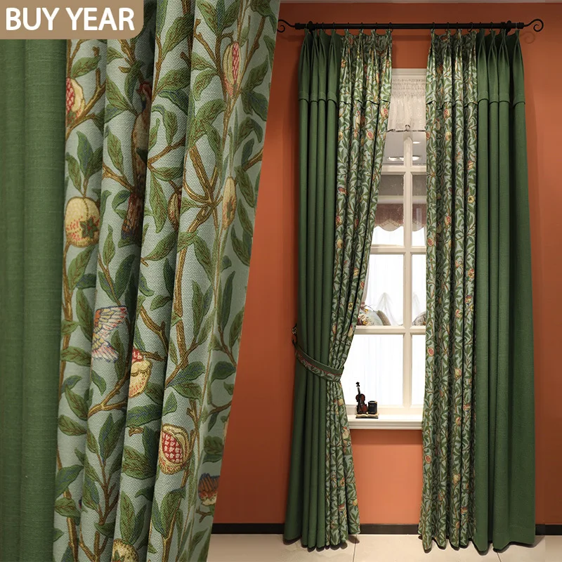 American Curtains for Living Dining Room Bedroom Pastoral Curtain Green Retro Stitching Curtain Tablecloth Pillow Cloth