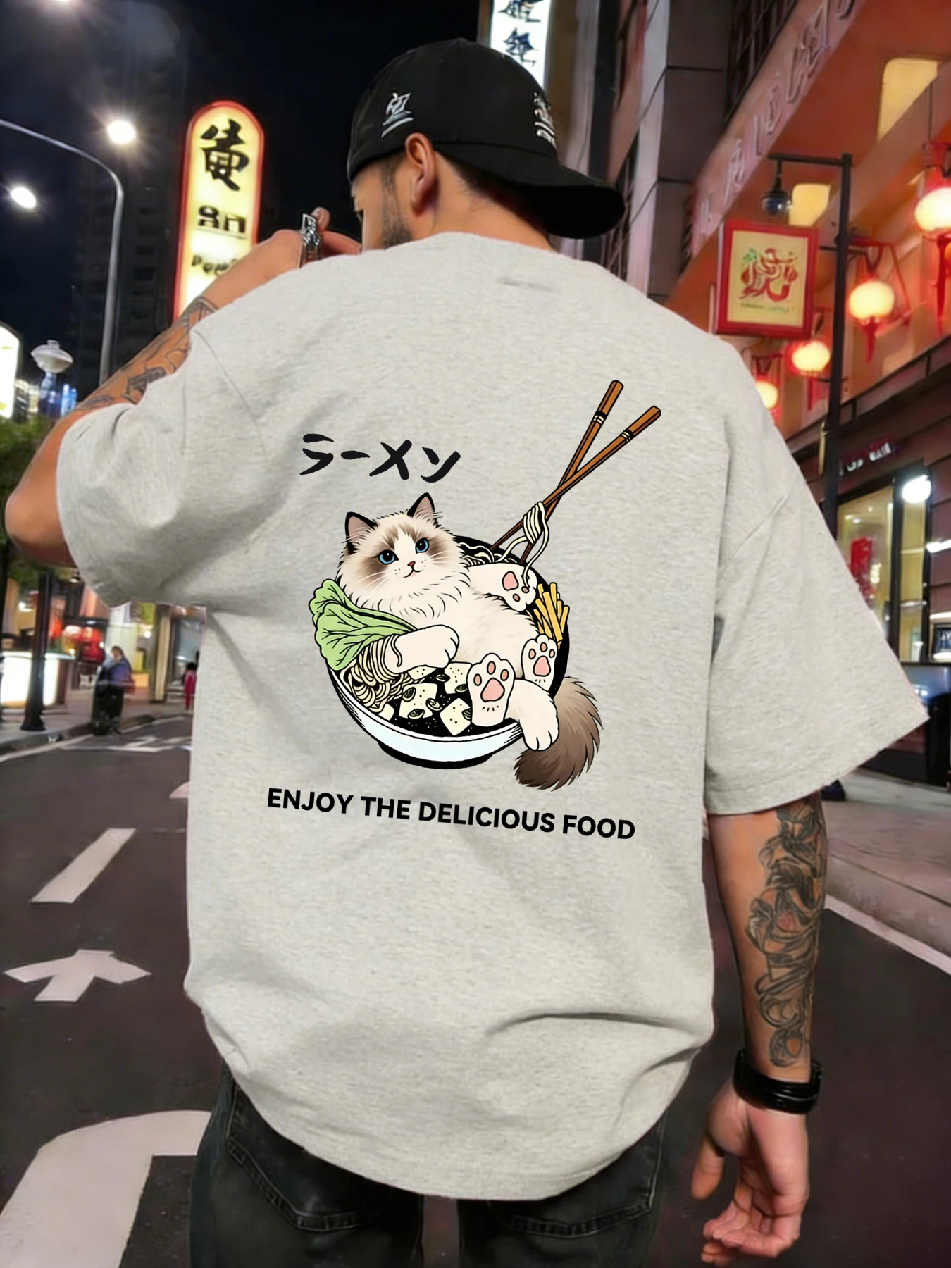Cat Lying Down After Eating Too Much Prints Men Soft T-Shirt Hip Hop Cool Clothes All-Match Cotton Top Loose Summer Streetwear