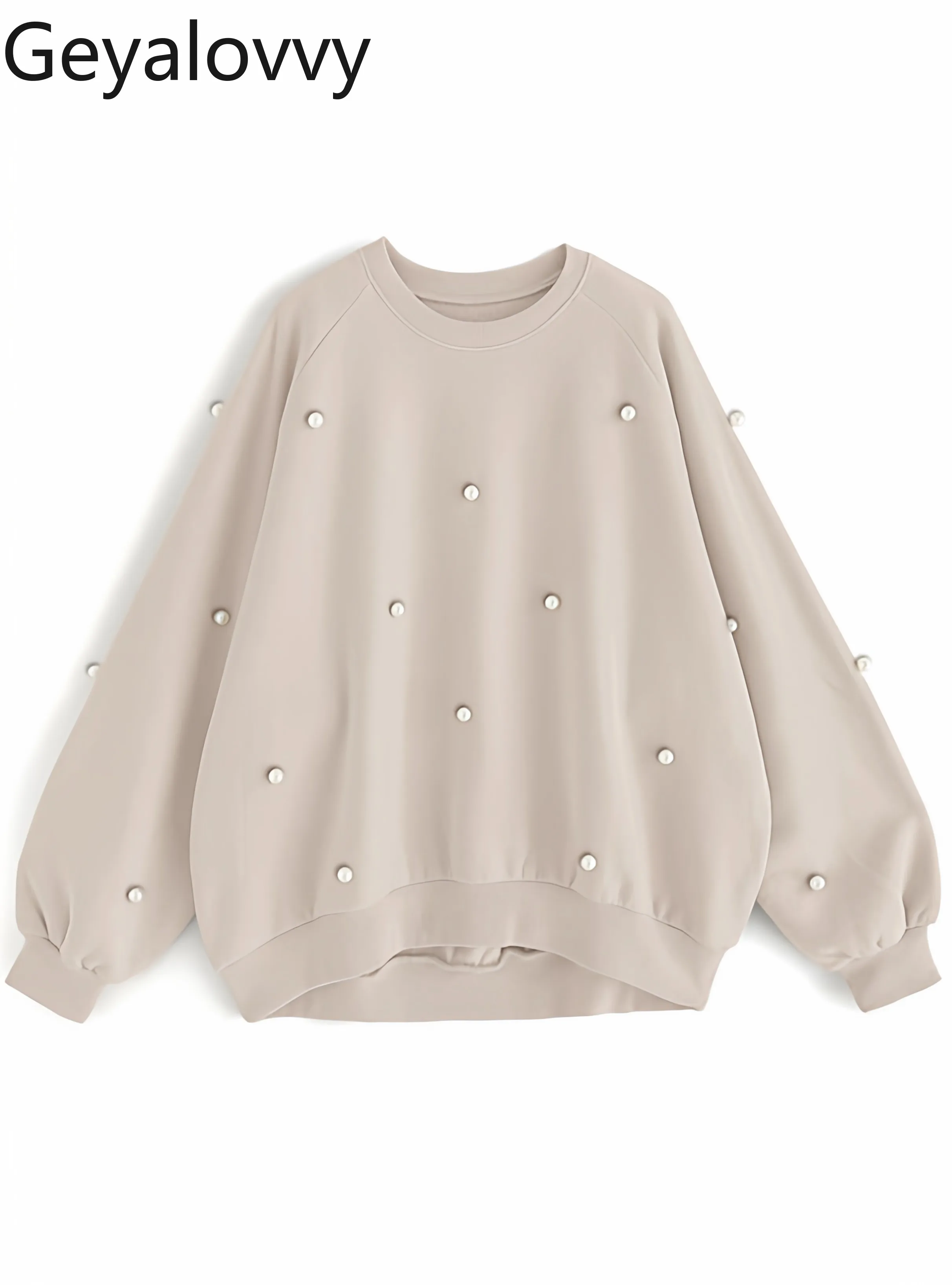 2026 New Japanese Style Casual Long Sleeve Top Sweet Pearl Decorated Round Neck Pullover Loose Fit Fleece Sweatshirt Women