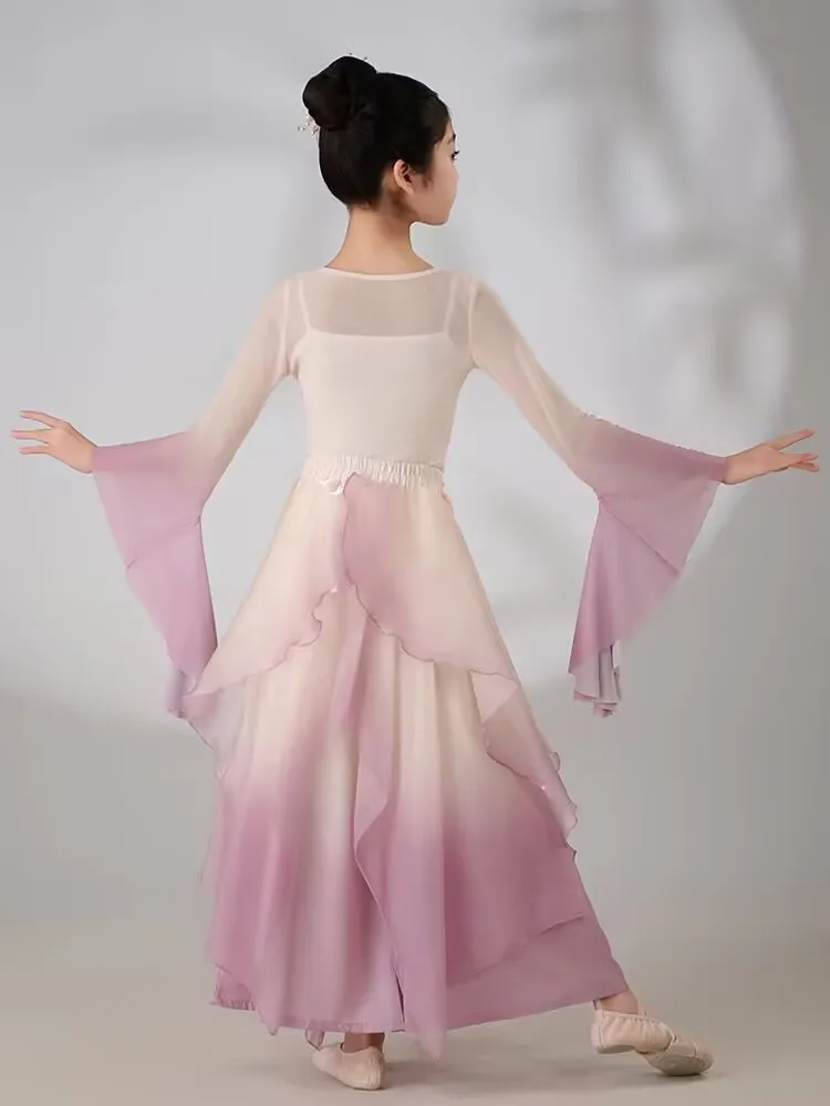 Klassische Tänzerin-Performance-Kostüme für Mädchen, Übungstanzkleidung, Schmetterlingsform, rosa Volkstanzkleid im chinesischen Stil für Kinder
