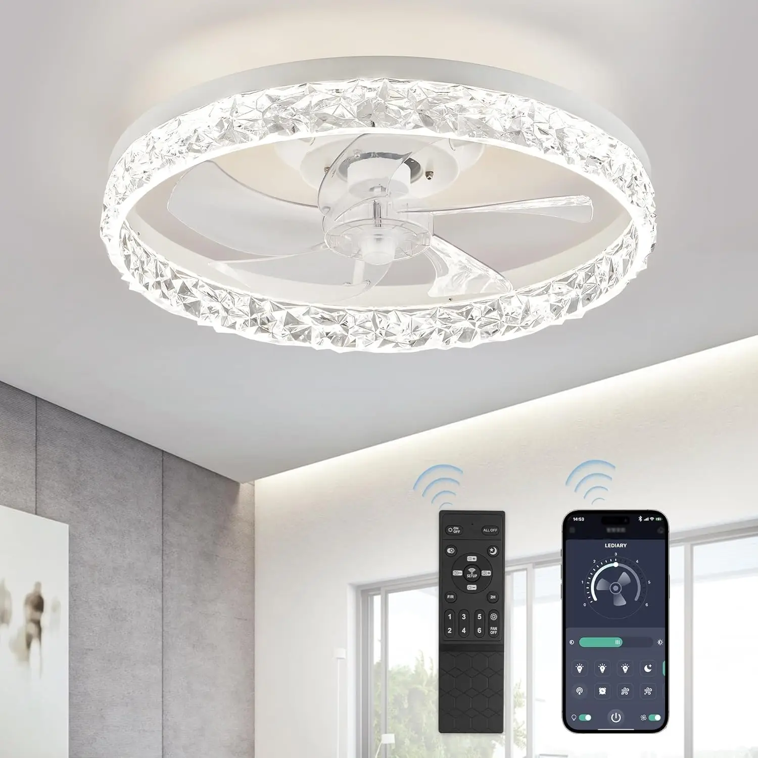 

20" Modern Ceiling Fans with Lights and Remote, Dimmable Low Profile Ceiling Fan, Flush Mount Bladeless Ceiling Fan