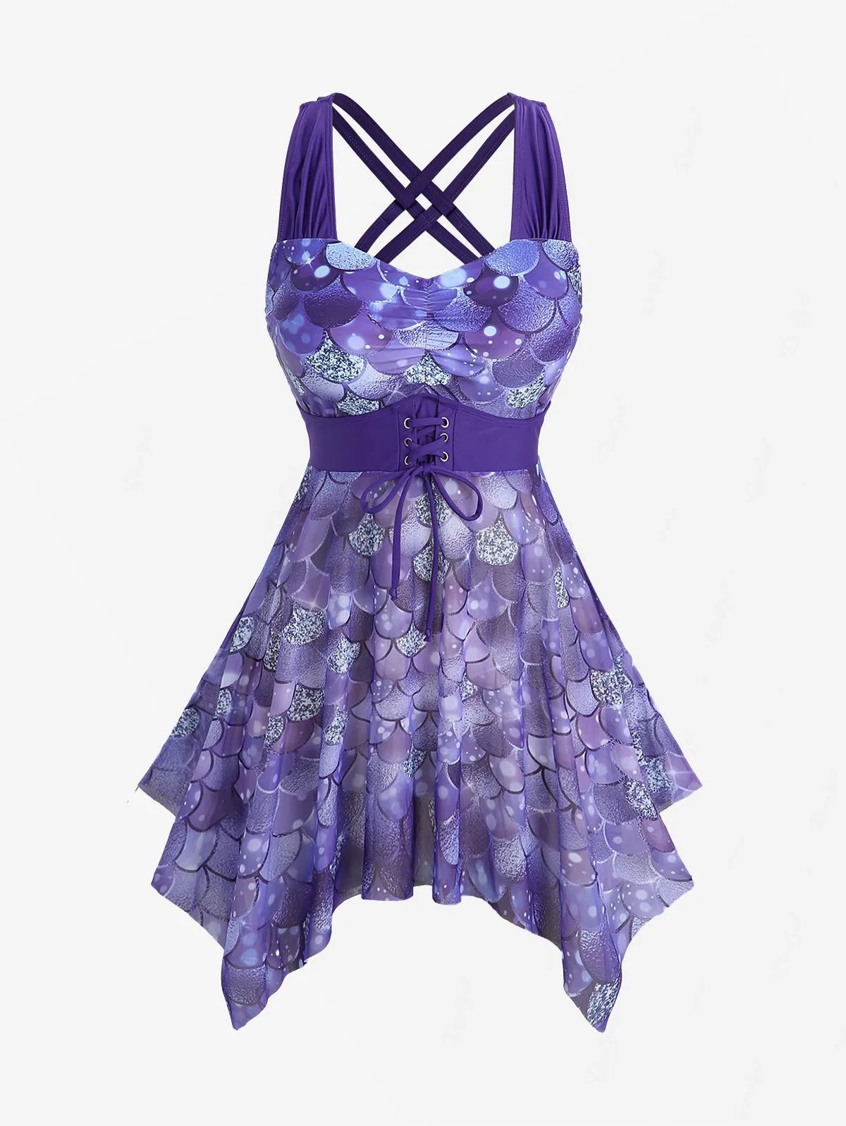 Rosegal Maiô feminino plus size com estampa sereia e renda franzida em treliça e alças cruzadas Boyleg Tankini