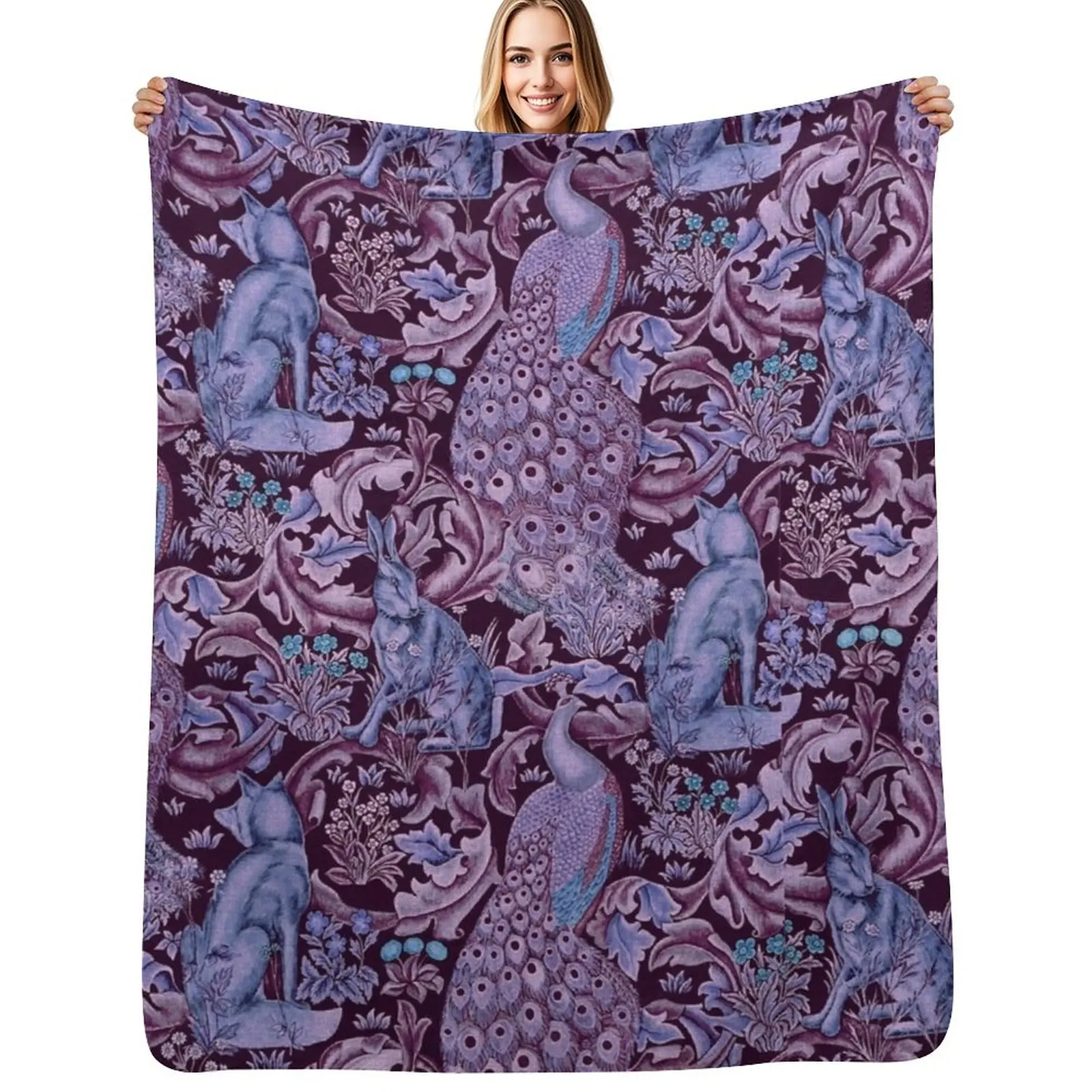 

FOREST ANIMALS ,PEACOCKS, FOX AND HARE IN BLUE PURPLE LEAVES FLORAL PATTERN Throw Blanket Summer Travel Blankets