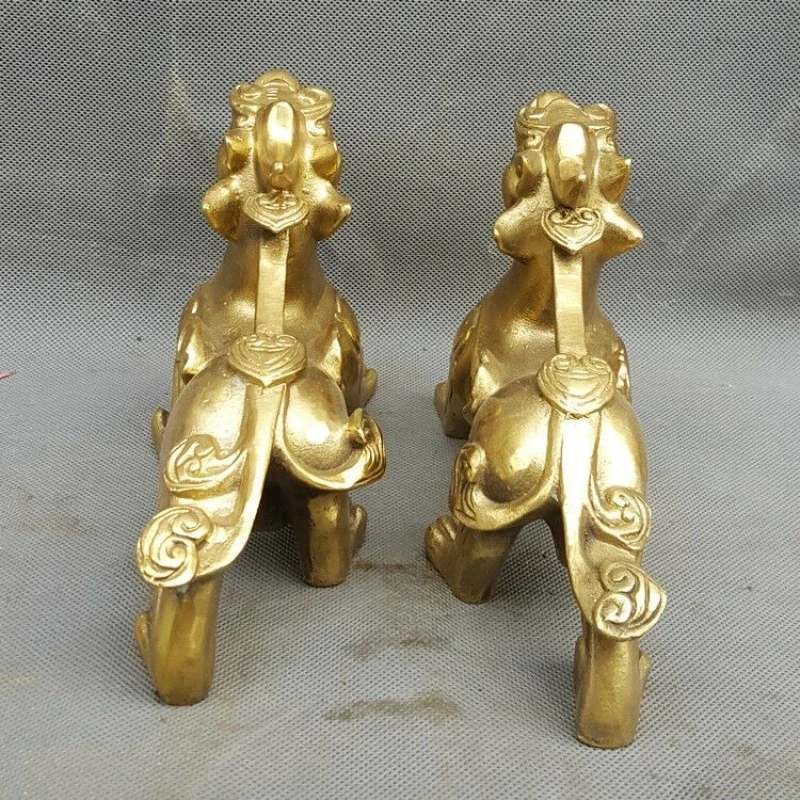 Chinese Feng Shui Brass Unicorn Geely Beast Statue a Pair of