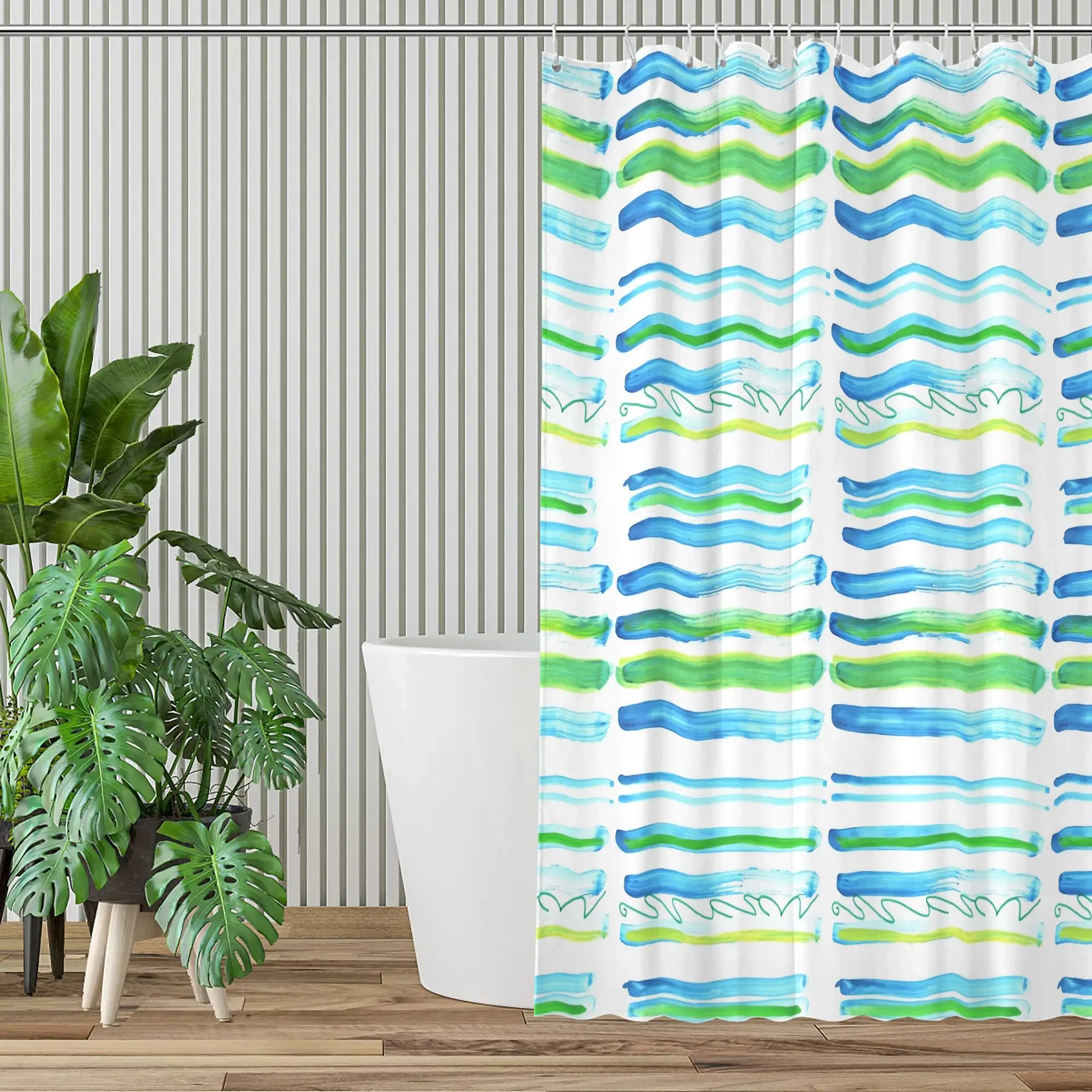 Abstract Watercolor Wavy Stripe Shower Curtain Blue Green Aqua Tropical Boho Bathroom Decor Waterproof Shower Curtain 90x180cm