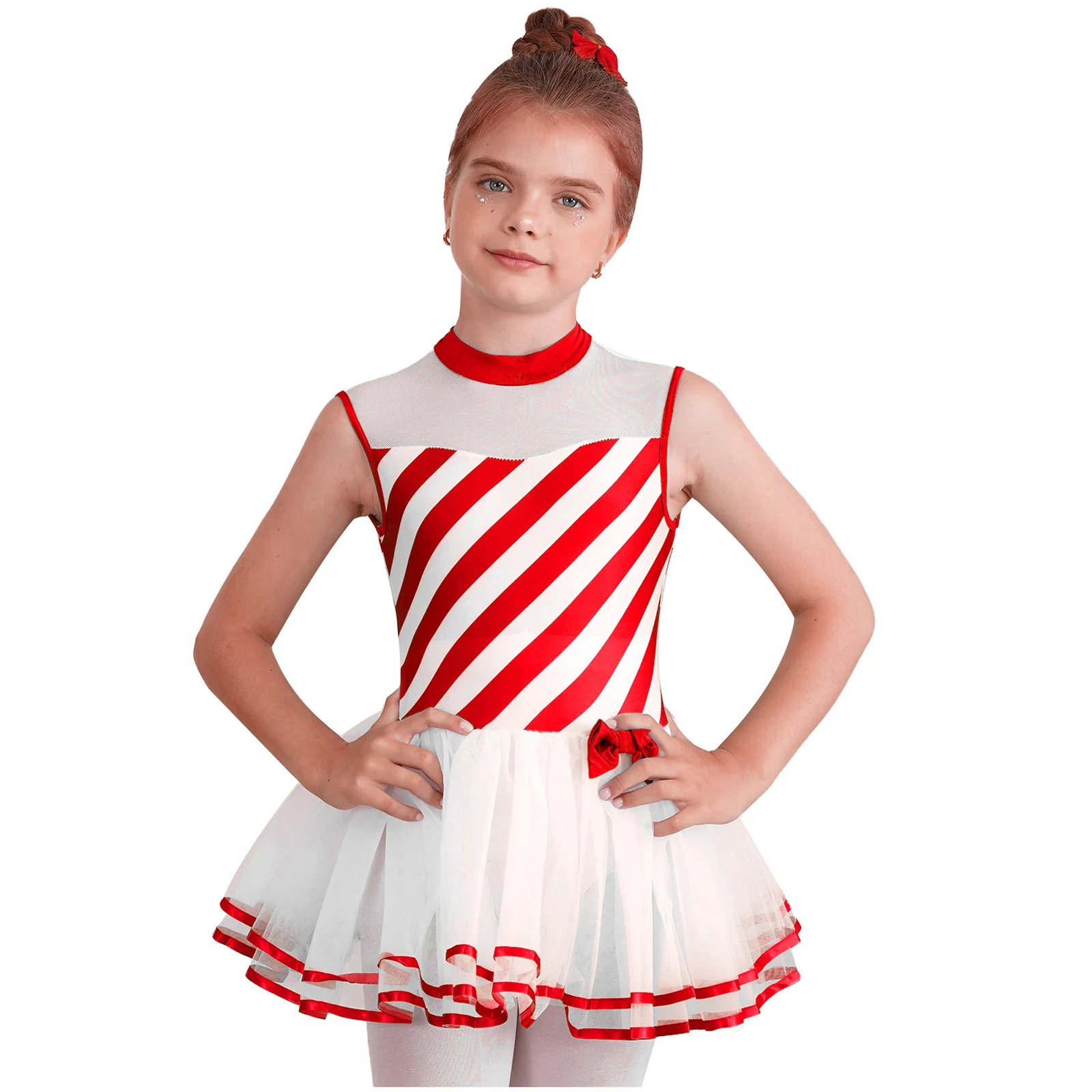 Kids Girls Christmas Ballet Tutu Dress Xmas Striped Candy Cane Costume Gymnastics Leotard Figure Skating Performance Dancewear