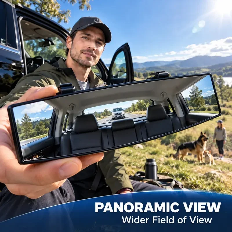 12-Inch HD Convex Panoramic Rearview Mirror, Clip-On Car Interior Mirror With Anti-Slip Clips, Wide-Angle View And Blind Spot