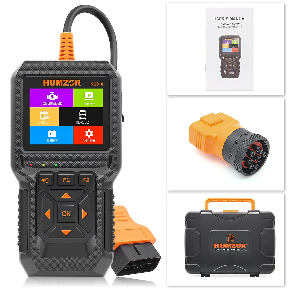 HUMZOR NC610 12V 24V Full OBD2 Diagnostic Scanner Tool Code Reader Live Data OBDII Engine J1939 For Car Automotive Scanner