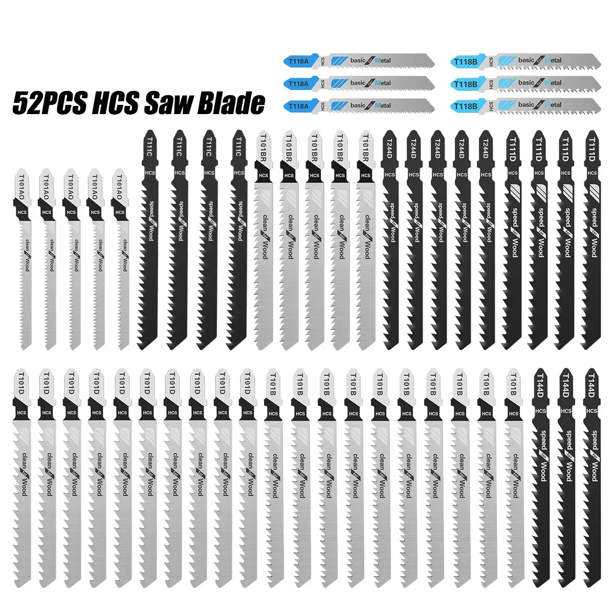 52pcs Jigsaw Blade Set T-Shaft HCS Assorted Jig Saw Blades for Wood Plastic Metal Cutting Woodworking Blades Hand Tool