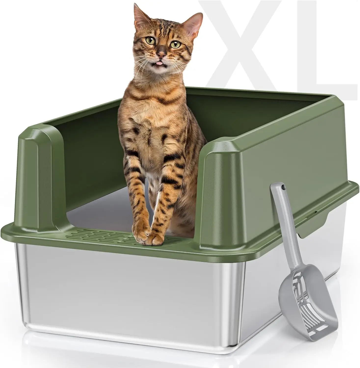 

Stainless Steel High Rimmed Litter Pan Enclosed Large Cat Litter Pan with Scoop Easy To Clean Metal Litter Pan