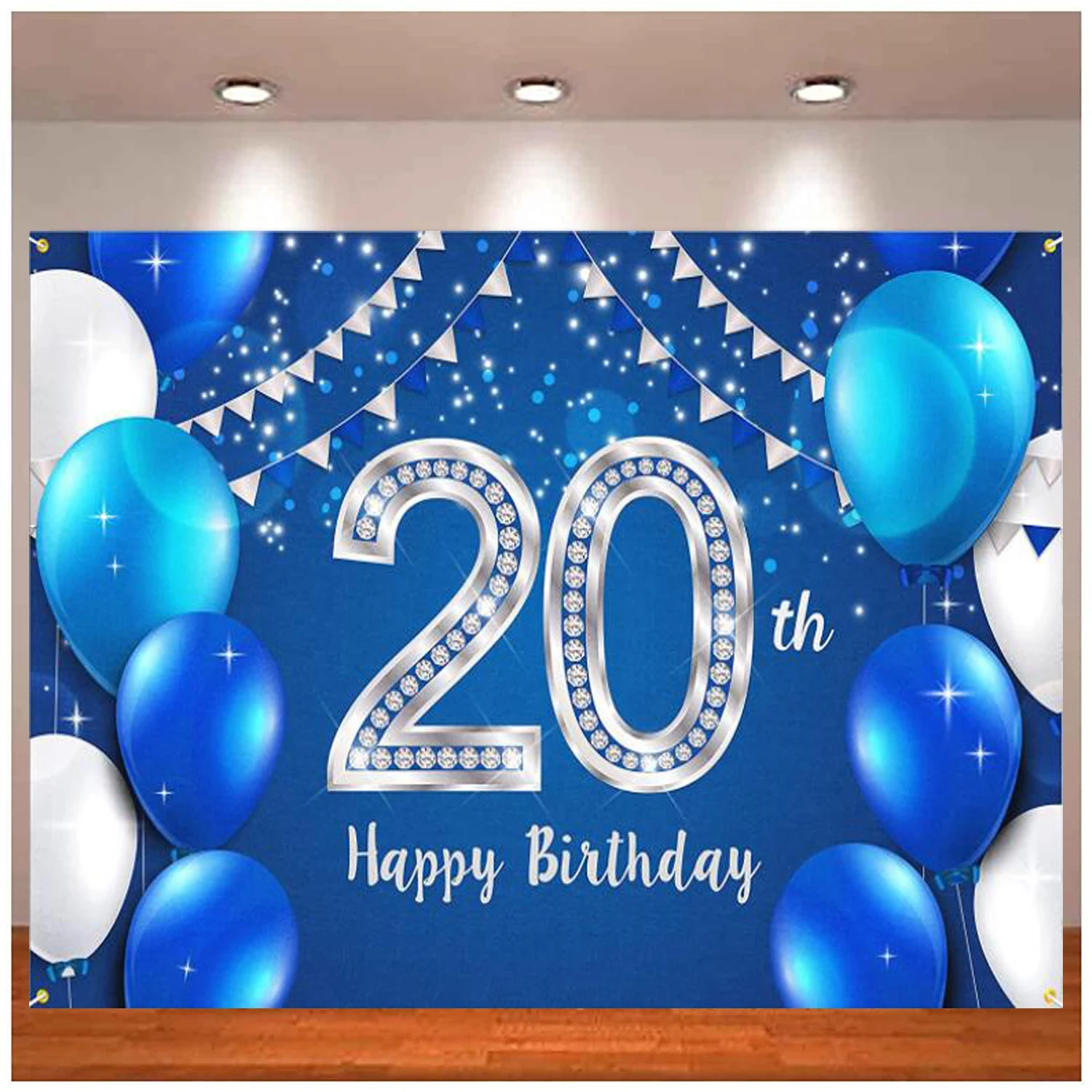 Photography Backdrop 20th Years Old Birthday Decorations Party Background Banner Supplies for Women Men - Blue Silver