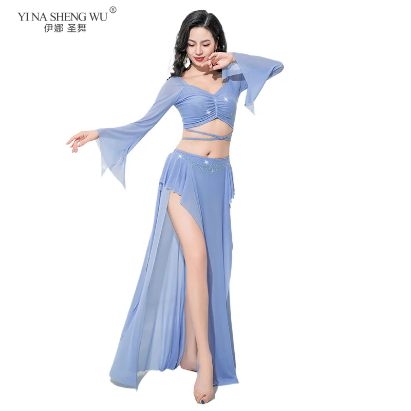 

Женское платье для восточных танцев с рогом и длинными рукавами, блестящая юбка со стразами, сексуальная юбка с разрезом по бокам, фантазийный карнавал для взрослых