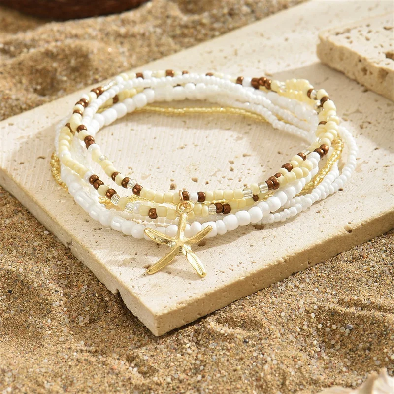 Böhmen Multilayer Reis Perle Fußkettchen Set für Frauen Mode Seestern Anhänger Fußkettchen Sommer Sandstrand Knöchel Kette Auf Bein Schmuck – Detail 15