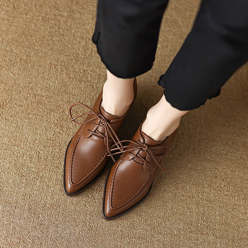 2023 New Working Casual Women Pumps Low Heels Comfortable Spring Summer Genuine Leather Lace-Up Shoes Woman Mature Retro Style