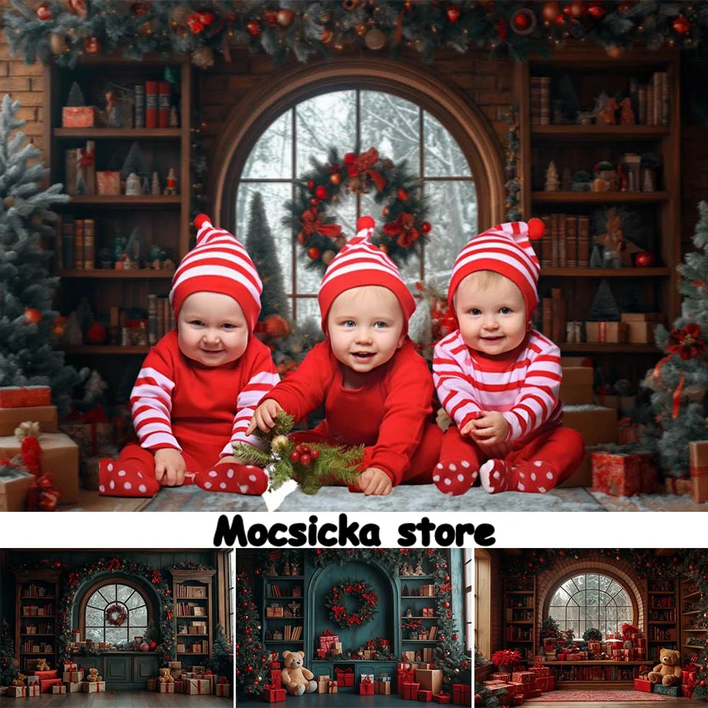 

Mocsicka Christmas Gift Room Backdrops for Photography Toy Bear Xmas Tree Wooden Bookshelf Window Winter Background Studio Props