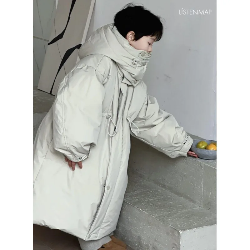 2025 Boys Long Winter Jacket Thickened Down-like Puffer Coat Korean Fashionable Casual Solid Color Long Warm Parka