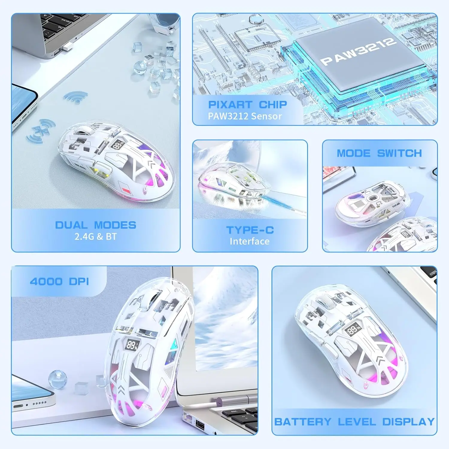 MAMBASNAKE x Freewolf A2 Transparent Wireless Gaming Mouse,Dual Mode BT 5.0/2.4G PC Gaming Mice