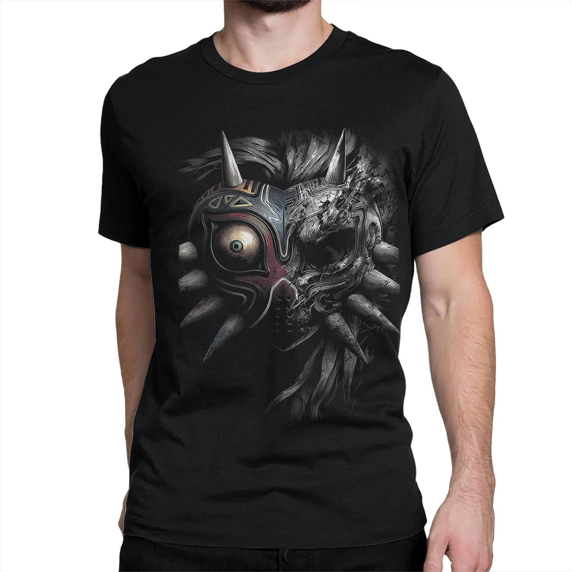 Vintage Eerie Tribal Face Majoras Mask Art Zeldas Legend T-Shirts Men 100% Cotton T Shirts Short Sleeve Tees Plus Size Tops