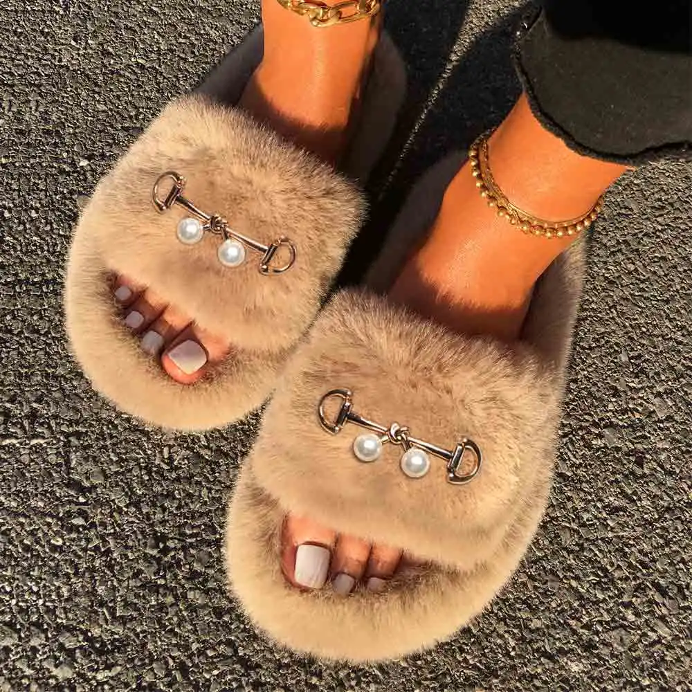 Slippers Women Fluffy Flip Flop Metal Letter M Fuzzy Slides Flat Sandals Luxury Designer Plush Slippers Brand Fur Shoes Woman