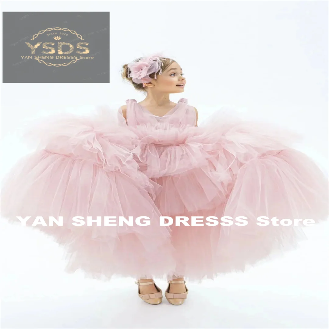 فستان فتاة الزهور مخصص لحفلات الزفاف تول بدون أكمام منتفخ أنيق للأطفال حفلة عيد ميلاد أول مناولة فستاين سهرة/فساتين الحفلات