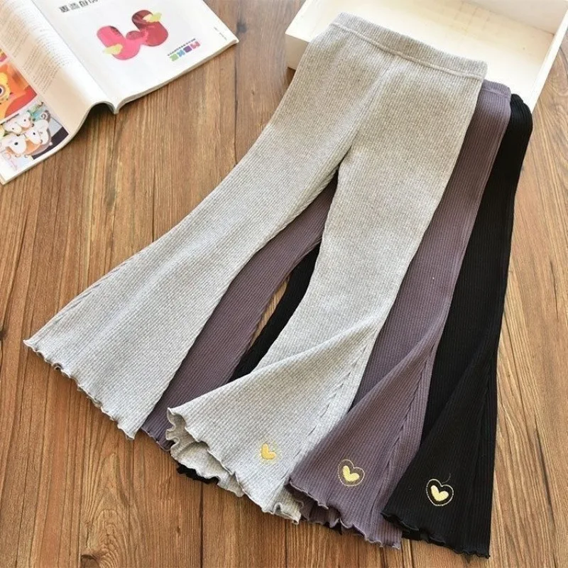 Girls’ Flared Pants – Korean-Style Breathable Leggings with Embroidered Heart, Elastic Waist Teenage Girls Clothing