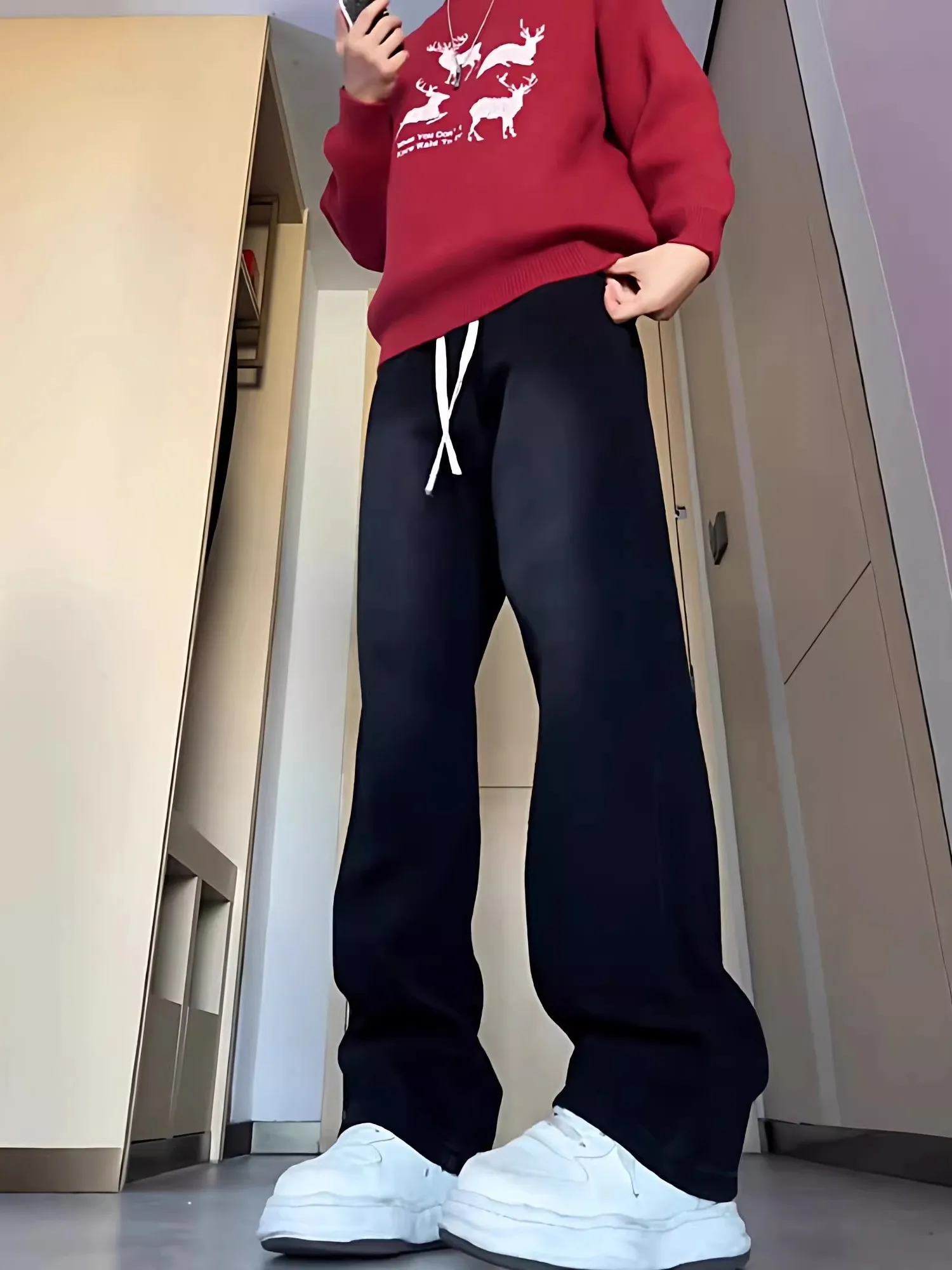 

Gradient Fleece Lined Straight Leg Drawstring Waist Men's Jeans Casual Comfortable Loose Fit Durable Quality Chinese Production