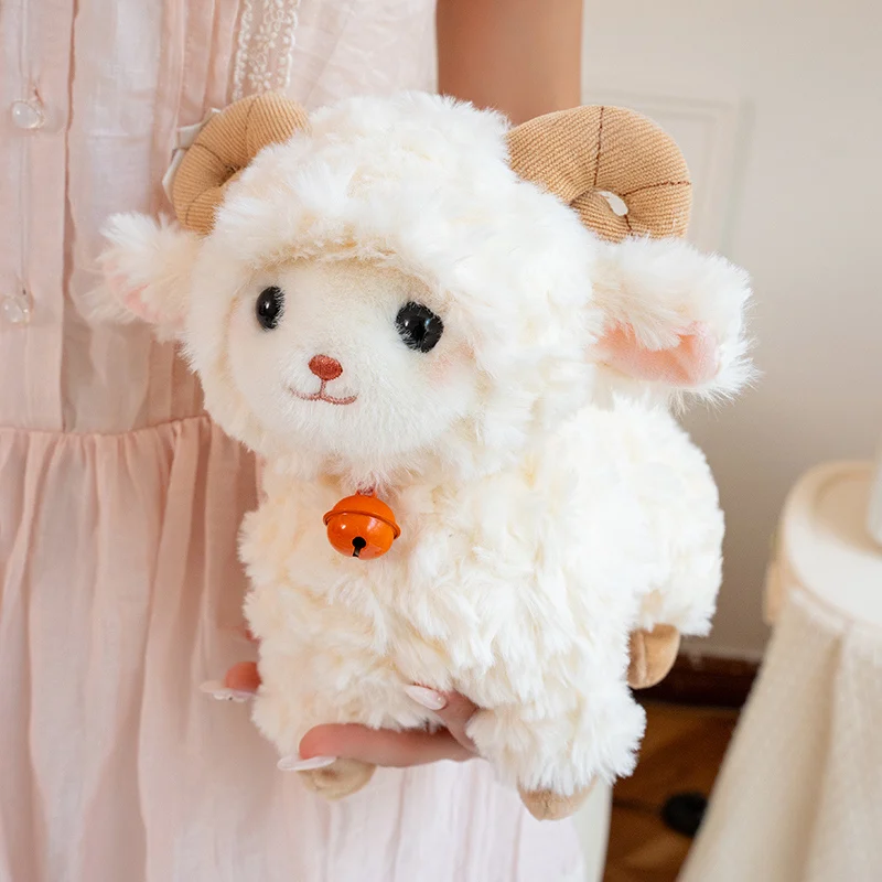 White Sheep Plush Toy, Soft Fluffy Lamb Doll with Bell, Kawaii Animal Plushie, Kids Cuddle Pillow, Birthday Gift for Girls Boys
