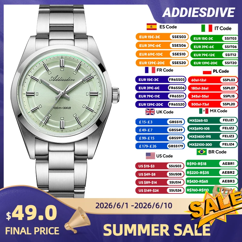 

ADDIESDIVE Mens Quartz Watch 36mm VH31 Movement Bubble Glass Anti Scratch Blue Luminous Dial 316L Stainless Steel100M Waterproof