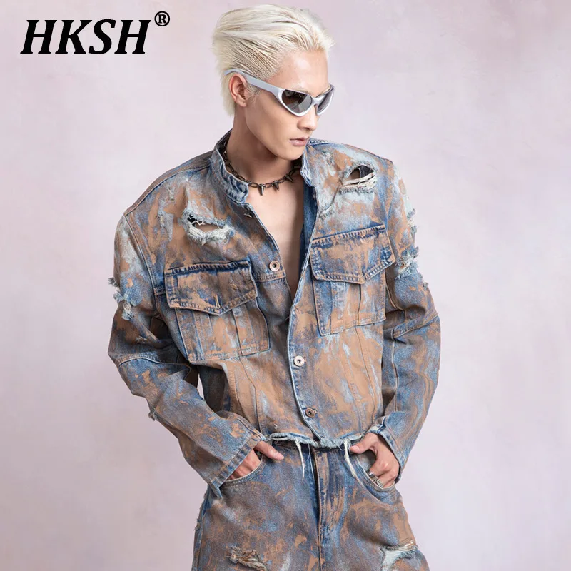 

HKSH Autumn Winter New Men's Tide Vintage Denim Jackets Niche High Sense Waste Land Torn Washed Chic Jeans Streetwear Y2K HK2284