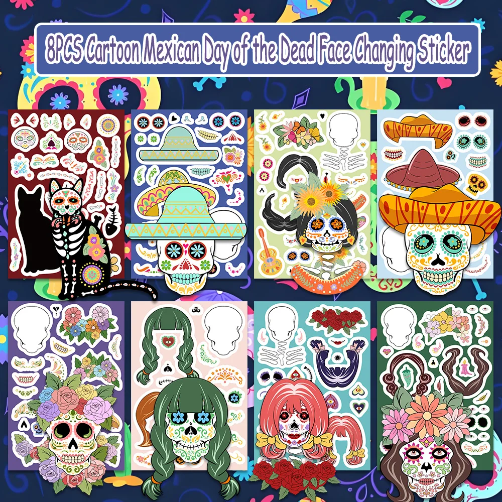 8PCS Cartoon Horror Mexican Day of the Dead Skull Face Changing DIY Sticker Fun Dress up Skeleton with Hat Hair Wreath Gift Deco