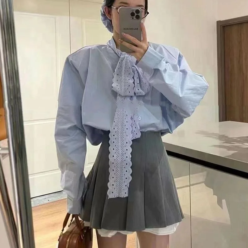 

Women's Casual Oversized Light Blue Shirt Long Sleeve Button Down Blouse Detachable Eyelet Lace Bow Tie Streetwear Top Spring