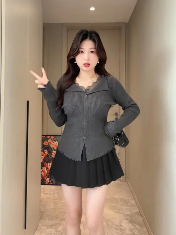 

plus Size Women's Korean Sle Lace Splice Knitted Open Cardigan Autumn Winter New Faion Unique Beautiful Top Ladies