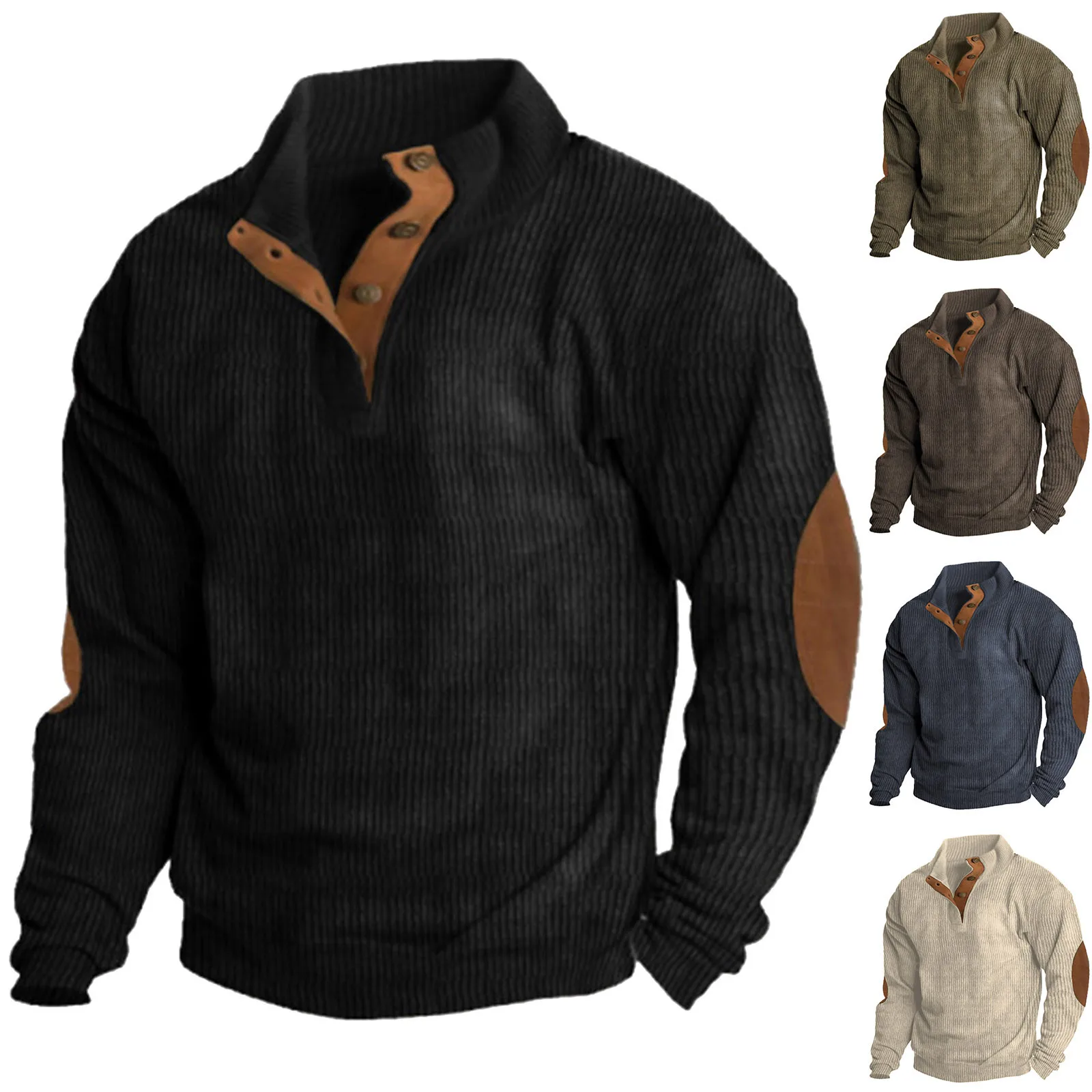 

Mens Corduroy Shirt Lapel Collar Button Up Pullover Mock Neck Long Sleeve Sweaters Polo Sweatshirts with Elbow Patches Pullover