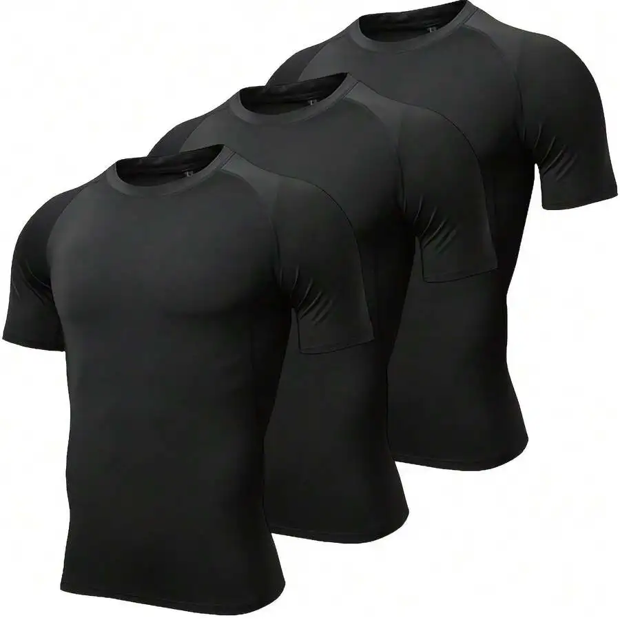 

3 Pack Mens Compression Sport T-Shirts Short Sleeve Crew Neck High Stretch Fitness Tops
